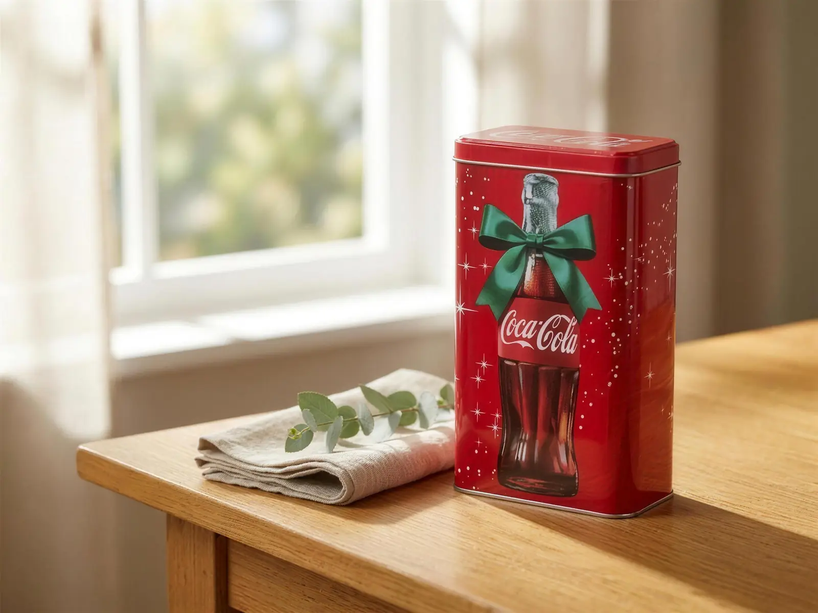 Dekorativní plechovka Coca-Cola od Masaş, aranžovaná na prosluněném stole