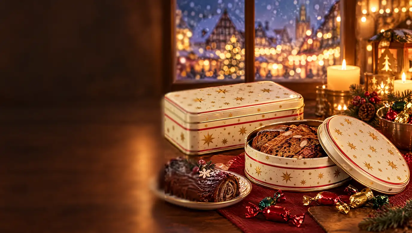 Boîtes métal de Noël imprimées, pain d’épices et papillotes