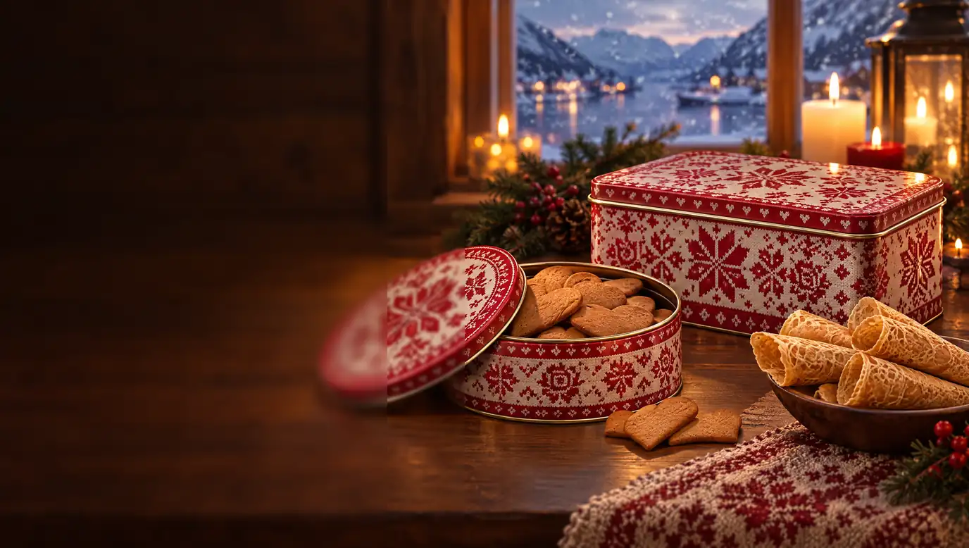 Julebokser med trykk, pepperkaker og krumkaker