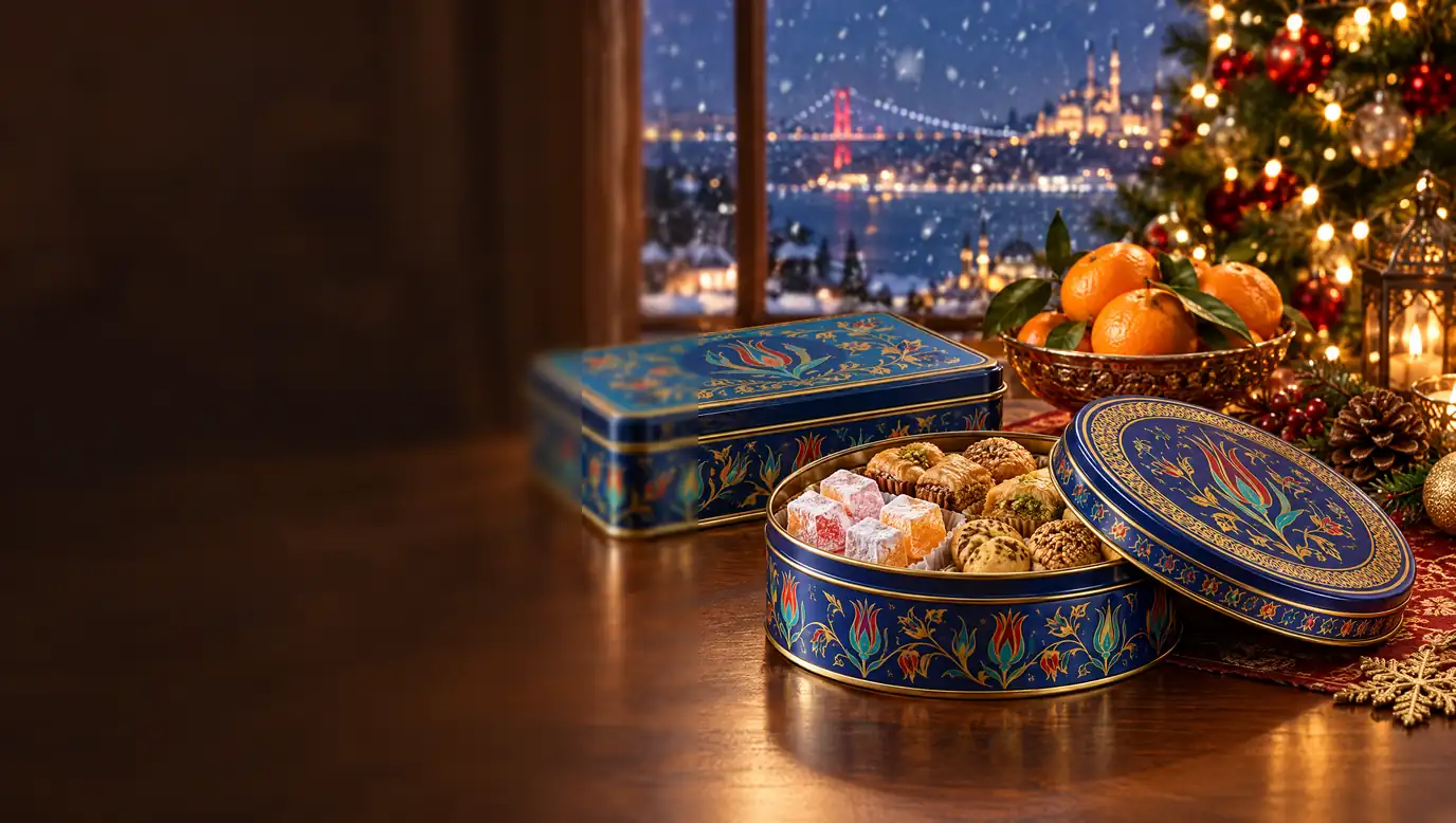 Yılbaşı temalı baskılı teneke kutular, lokum ve kurabiye